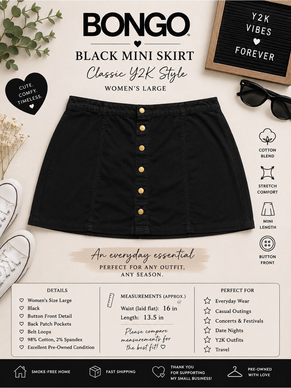 BONGO Black Button-Front Mini Skirt with Gold Buttons